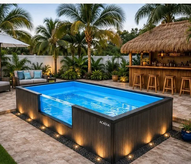 Above-ground fiberglass pool with steps and lights on a paver patio