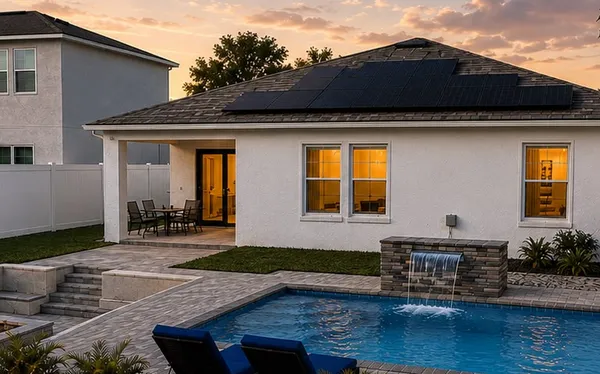 Diseño del mismo patio con piscina, cascada, fogata y pavers