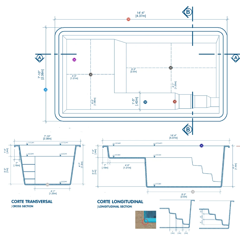 Plano técnico de la piscina A4: vista superior, corte transversal y corte longitudinal con medidas