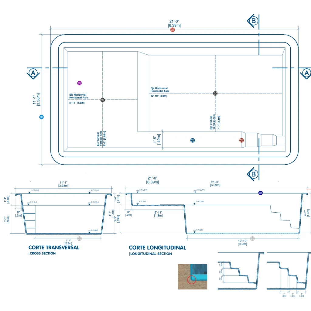 Plano técnico de la piscina A6: vista superior, corte transversal y corte longitudinal con medidas