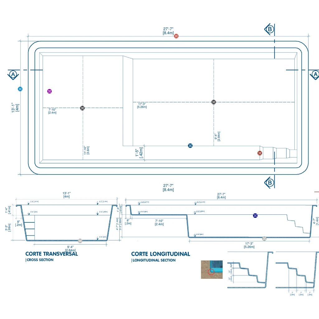 Plano técnico de la piscina A8: vista superior, corte transversal y corte longitudinal con medidas