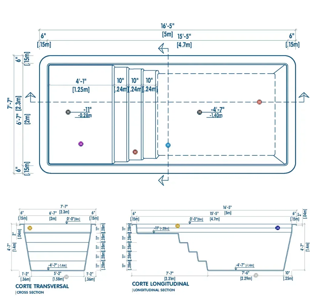 Plano técnico de la piscina C5: vista superior, corte transversal y corte longitudinal con medidas