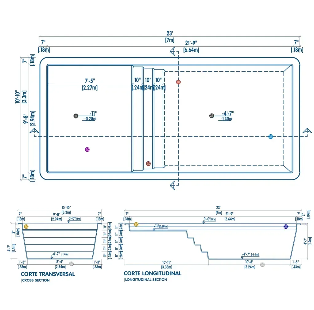 Plano técnico de la piscina C7: vista superior, corte transversal y corte longitudinal con medidas