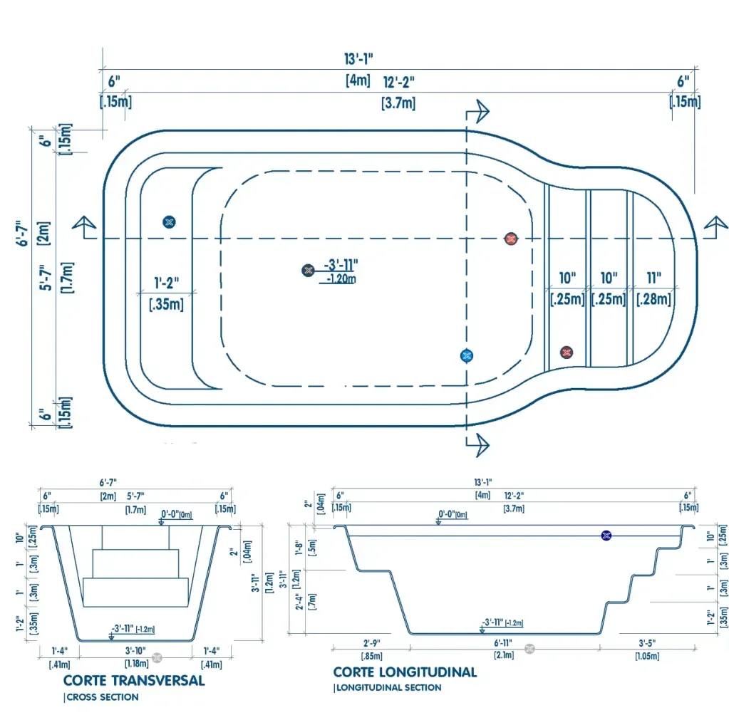 Plano técnico de la piscina D4: vista superior, corte transversal y corte longitudinal con medidas