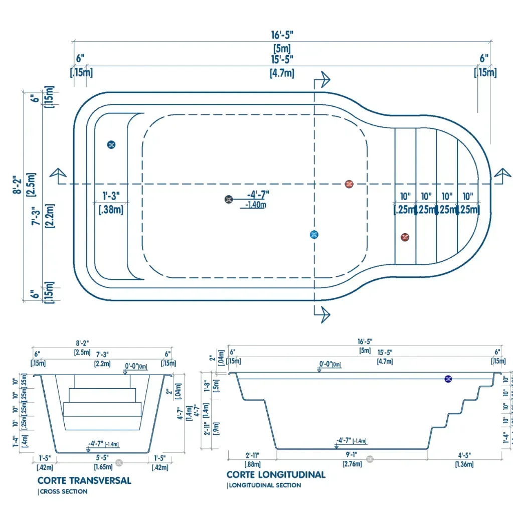 Plano técnico de la piscina D5: vista superior, corte transversal y corte longitudinal con medidas