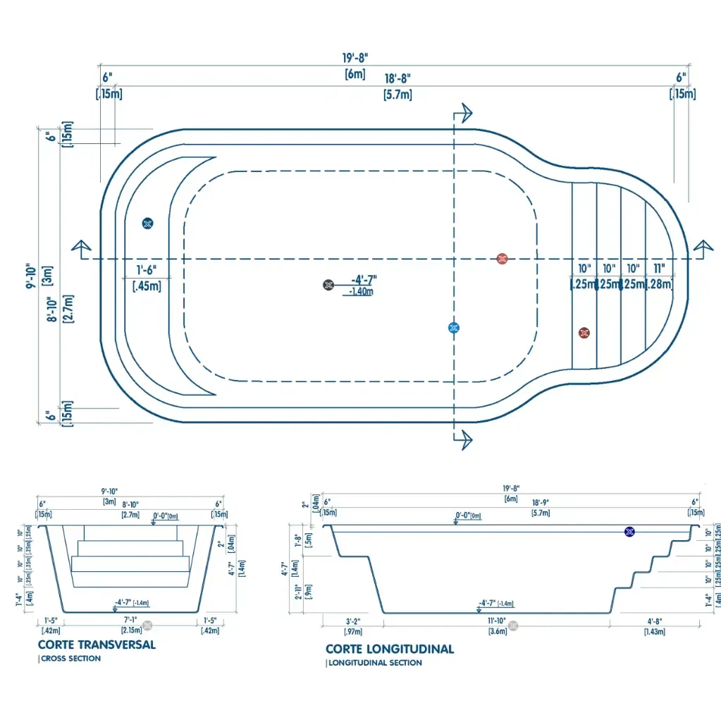 Plano técnico de la piscina D6: vista superior, corte transversal y corte longitudinal con medidas