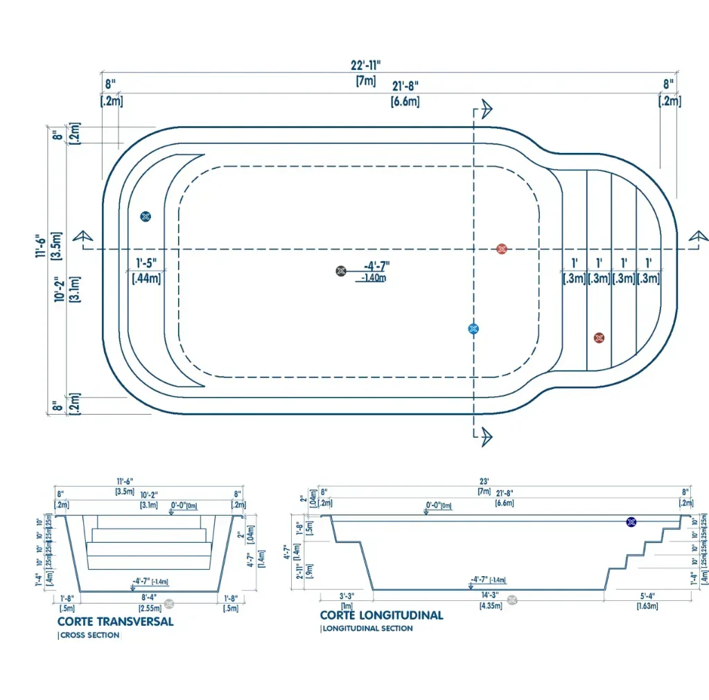 Plano técnico de la piscina D7: vista superior, corte transversal y corte longitudinal con medidas