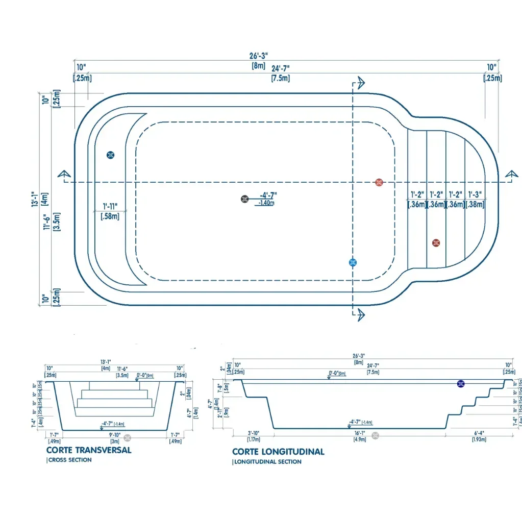 Plano técnico de la piscina D8: vista superior, corte transversal y corte longitudinal con medidas