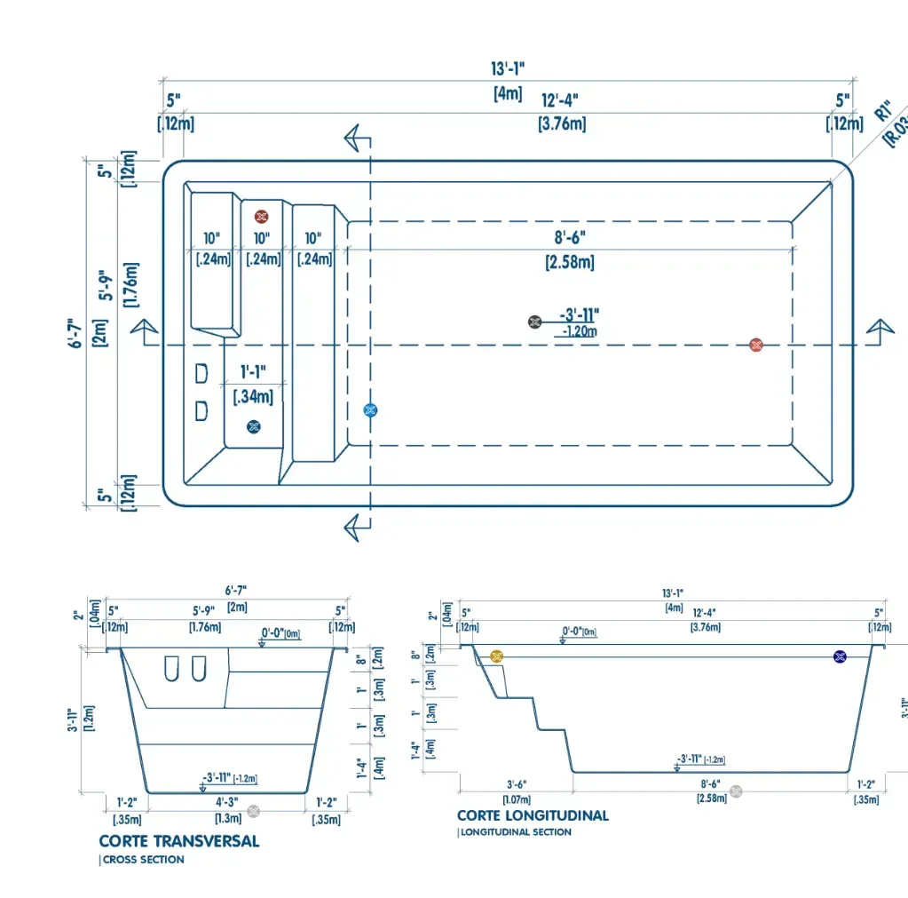 Plano técnico de la piscina K4: vista superior, corte transversal y corte longitudinal con medidas