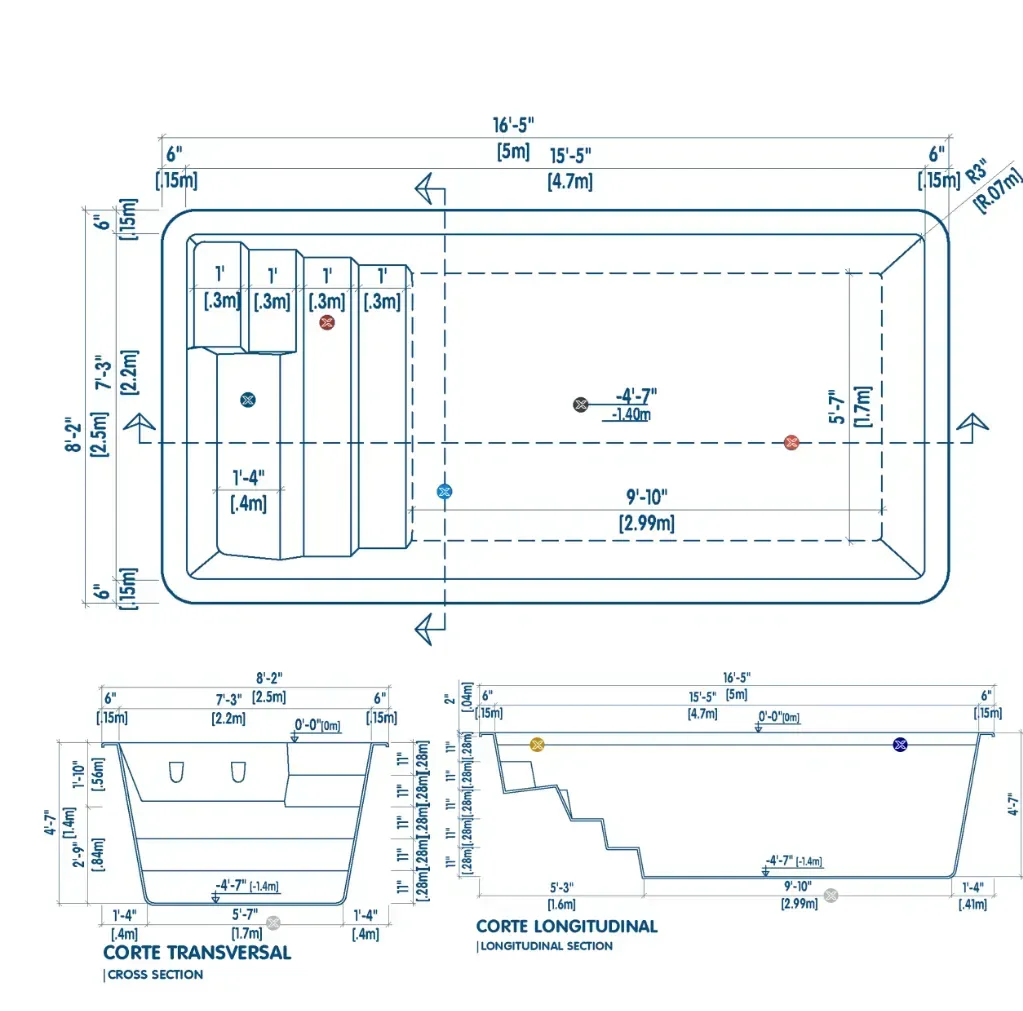 Plano técnico de la piscina K5: vista superior, corte transversal y corte longitudinal con medidas
