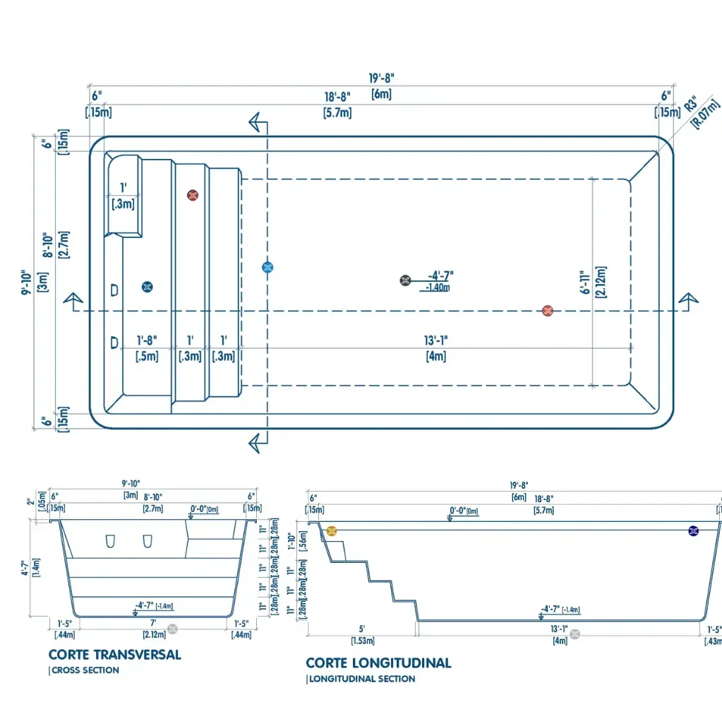 Plano técnico de la piscina K6: vista superior, corte transversal y corte longitudinal con medidas