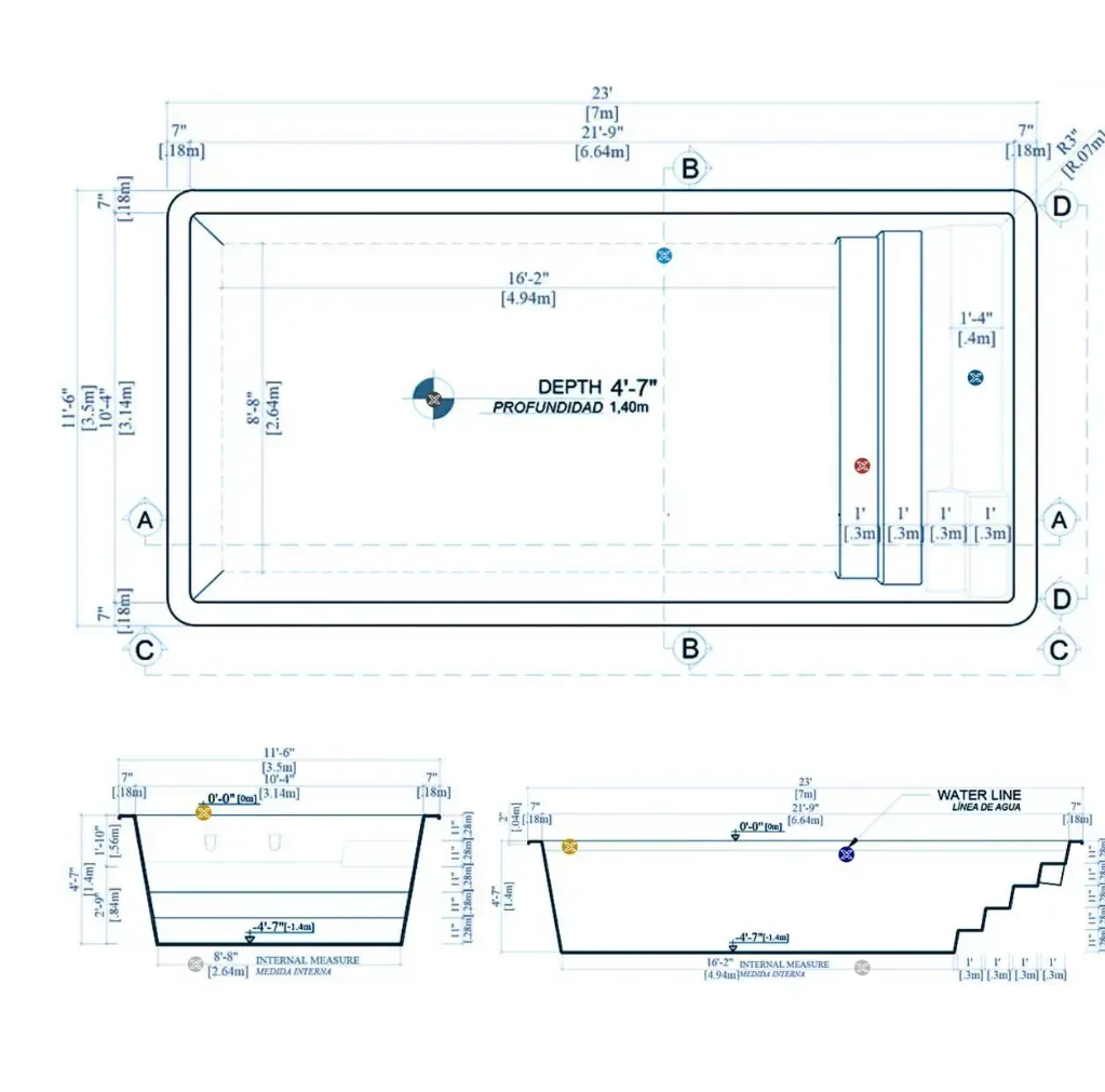 Plano técnico de la piscina K7: vista superior, corte transversal y corte longitudinal con medidas