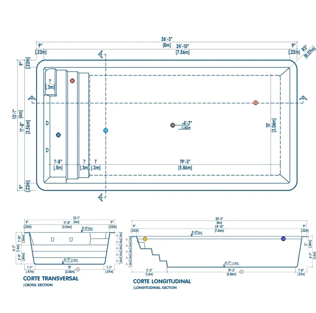 Plano técnico de la piscina K8: vista superior, corte transversal y corte longitudinal con medidas