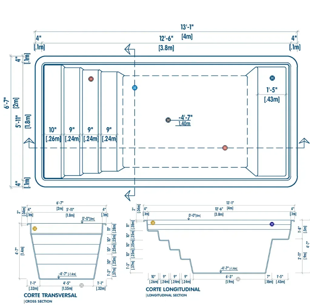 Plano técnico de la piscina M4: vista superior, corte transversal y corte longitudinal con medidas