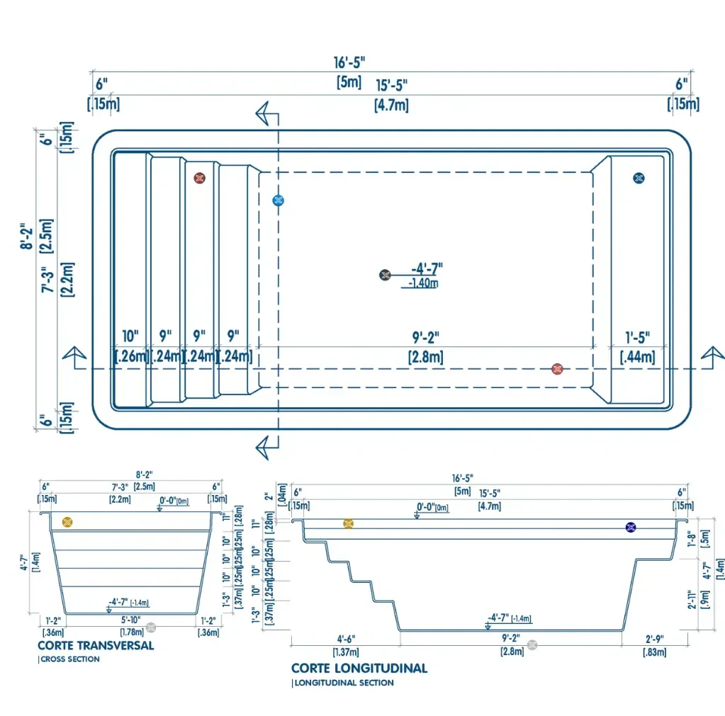 Plano técnico de la piscina M5: vista superior, corte transversal y corte longitudinal con medidas
