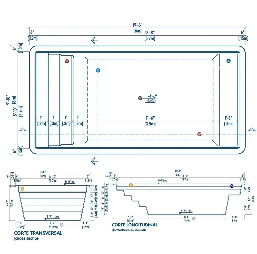 Plano técnico de la piscina M6: vista superior, corte transversal y corte longitudinal con medidas