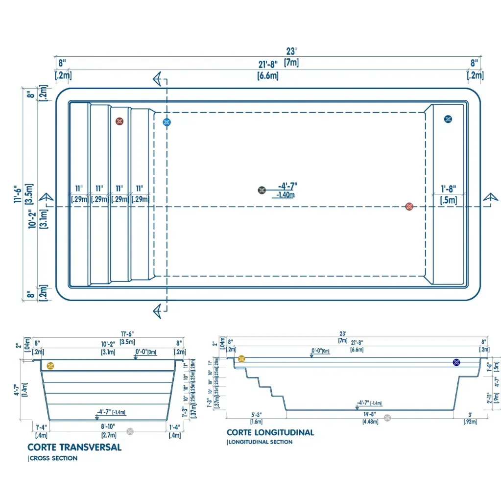 Plano técnico de la piscina M7: vista superior, corte transversal y corte longitudinal con medidas