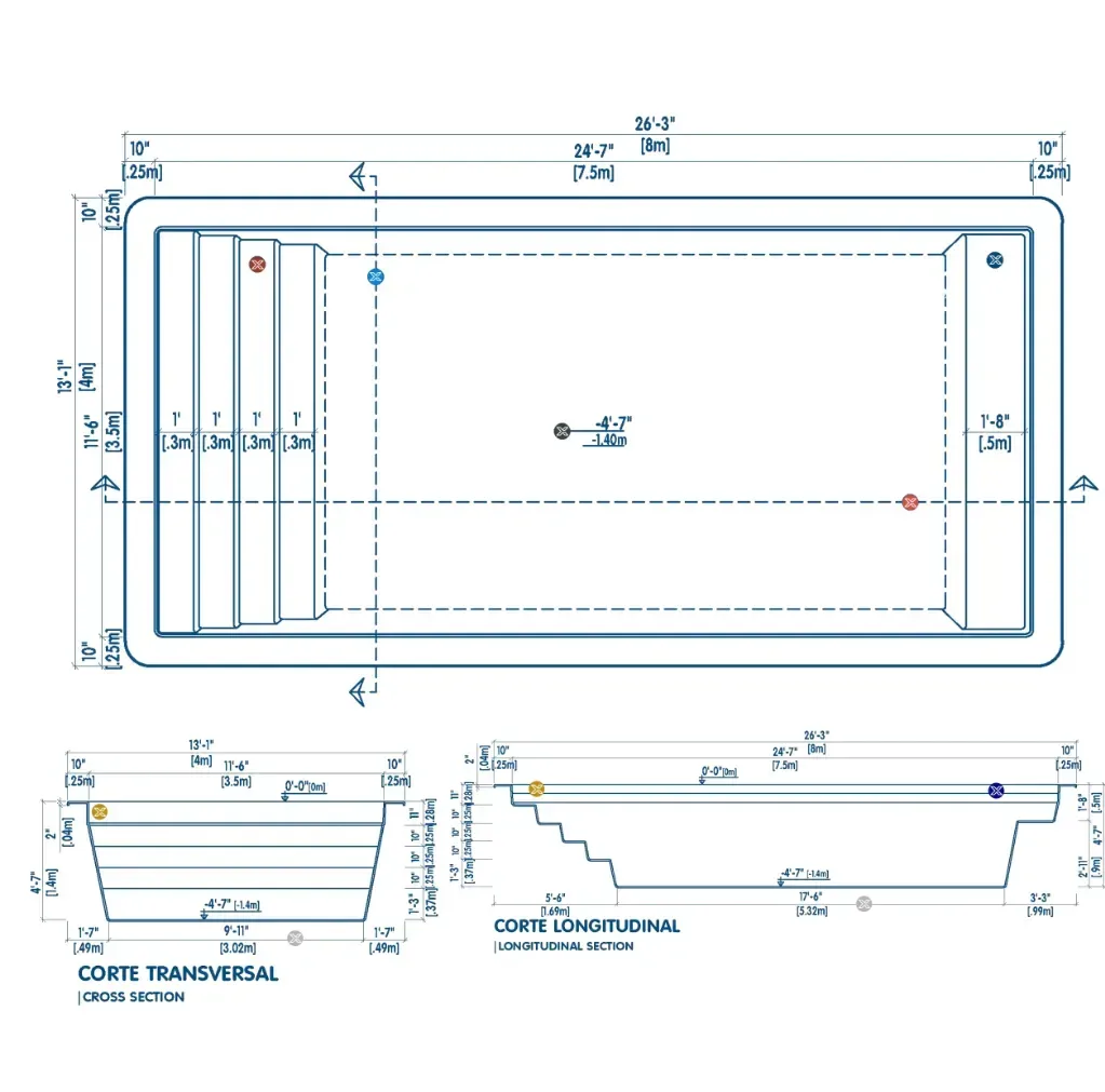 Plano técnico de la piscina M8: vista superior, corte transversal y corte longitudinal con medidas