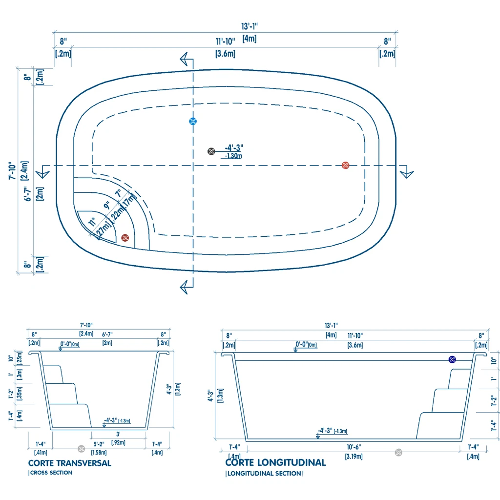Plano técnico de la piscina N4: vista superior, corte transversal y corte longitudinal con medidas