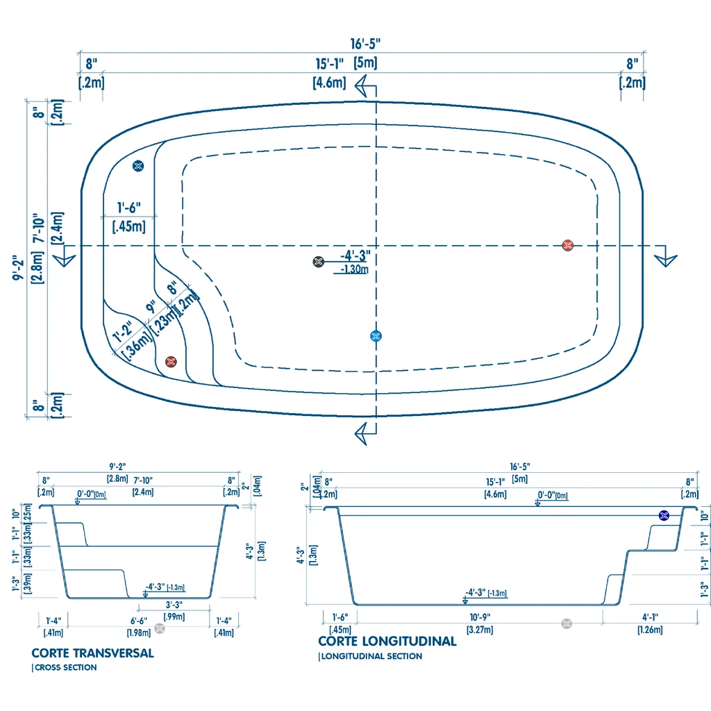 Plano técnico de la piscina N5: vista superior, corte transversal y corte longitudinal con medidas
