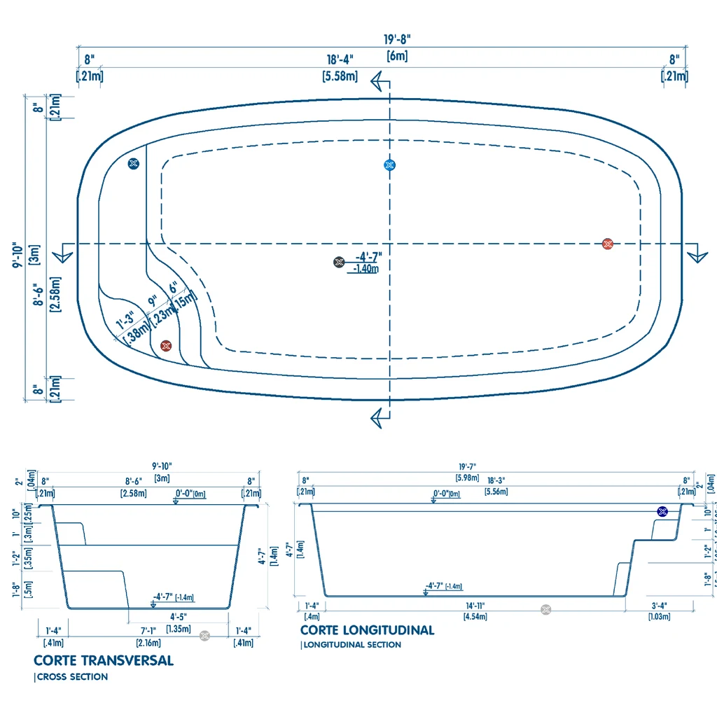Plano técnico de la piscina N6: vista superior, corte transversal y corte longitudinal con medidas