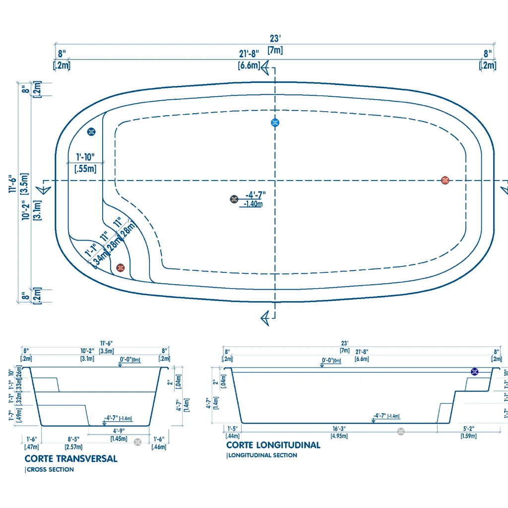 Plano técnico de la piscina N7: vista superior, corte transversal y corte longitudinal con medidas