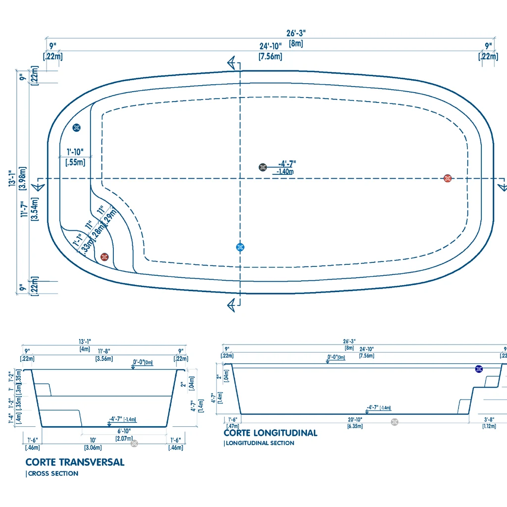 Plano técnico de la piscina N8: vista superior, corte transversal y corte longitudinal con medidas