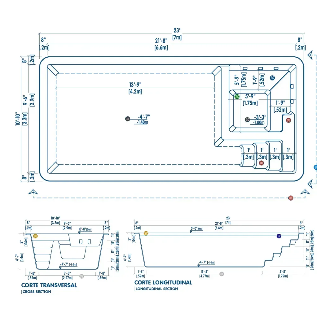 Plano técnico de la piscina X7: vista superior, corte transversal y corte longitudinal con medidas