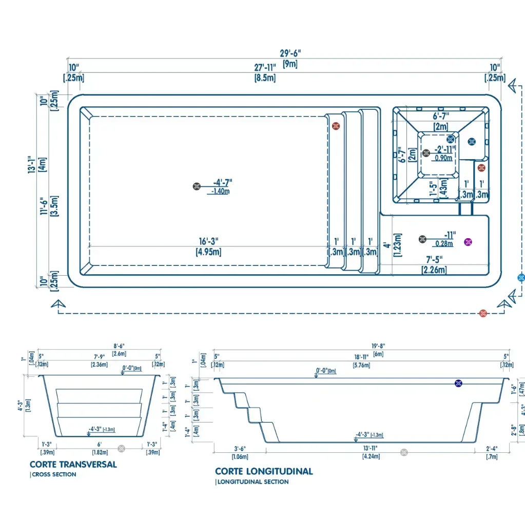 Plano técnico de la piscina X9: vista superior, corte transversal y corte longitudinal con medidas
