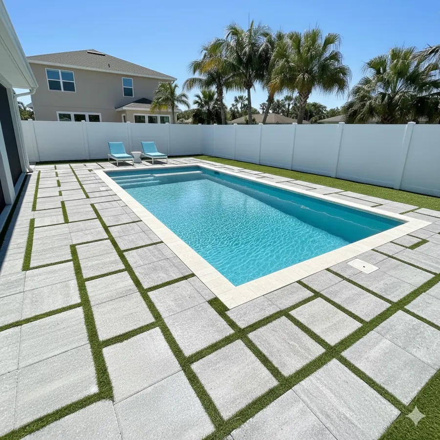 Piscina Key West com grama sintética e deck de pavers