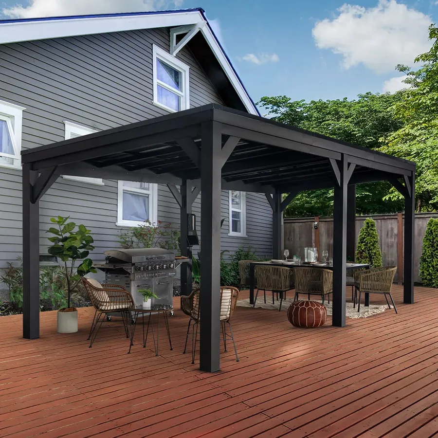 Roofed pergola over a dining area